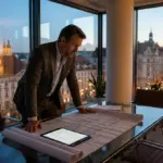 Investor overlooking European city skyline at twilight