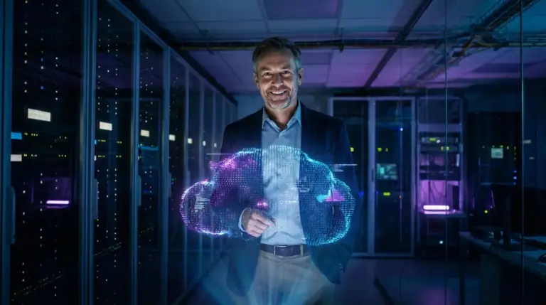 A tech founder analyzing data in a modern innovation lab setting.