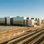 Futuristic data center complex surrounded by solar panels in a desert landscape.