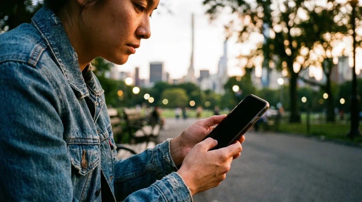 Person using smartphone for coding tasks in an outdoor park setting