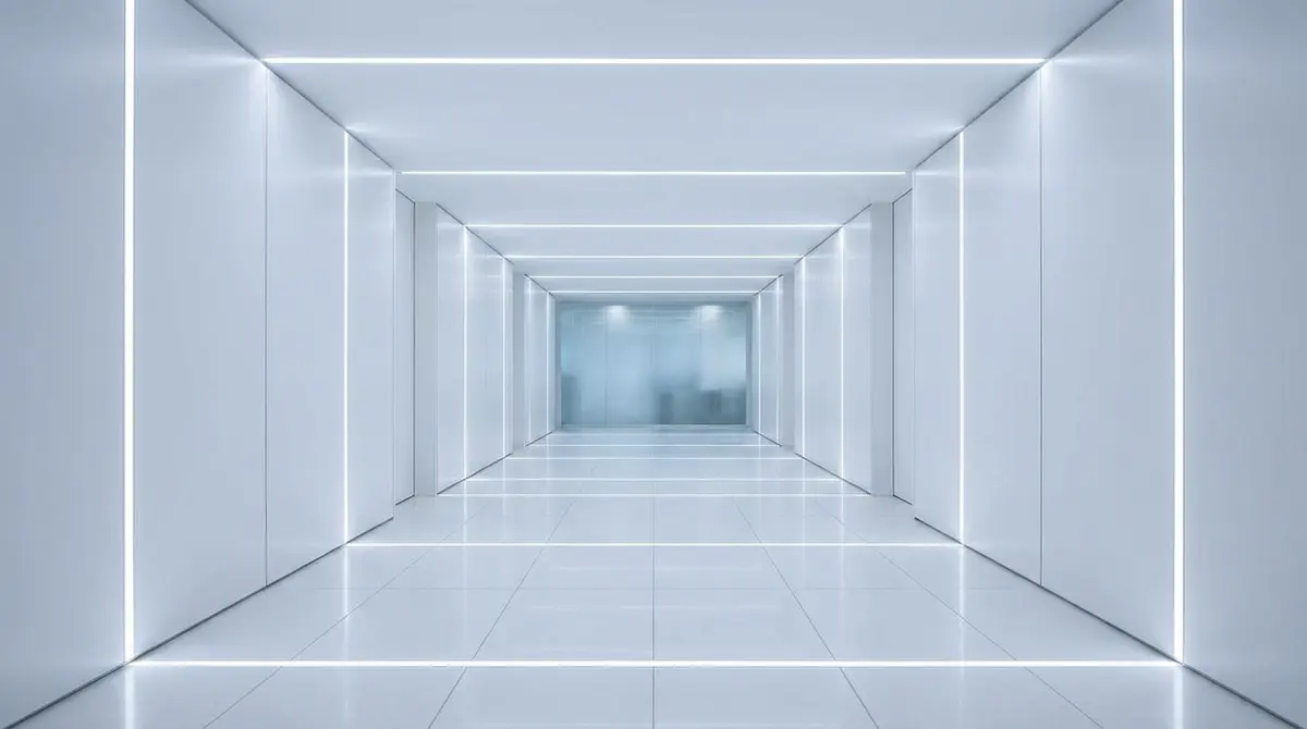 A sterile, symmetrical corporate hallway resembling the Severance set