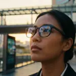 Conceptual visualization of Apple's rumored smart glasses worn by a user in an urban environment.