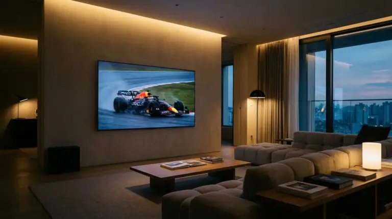 Formula 1 race car displayed on a television screen in a modern living room.