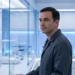 Bryan Johnson standing in a high-tech longevity laboratory setting.