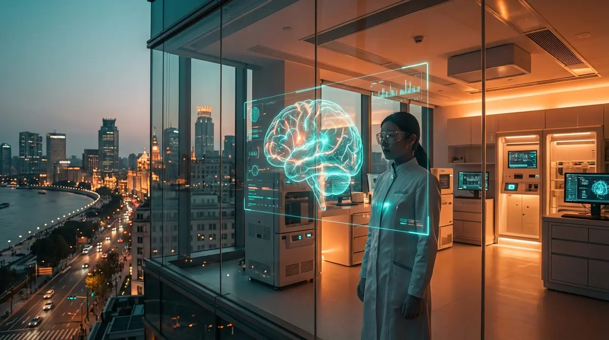 Researcher looking at a holographic brain interface in a high-tech lab