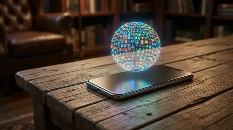 Smartphone displaying a holographic globe of multilingual text.