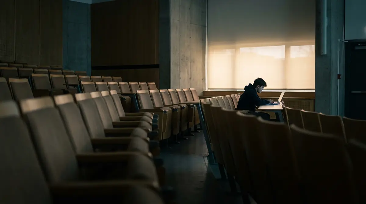 University lecture hall with empty seats representing the decline in computer science enrollment