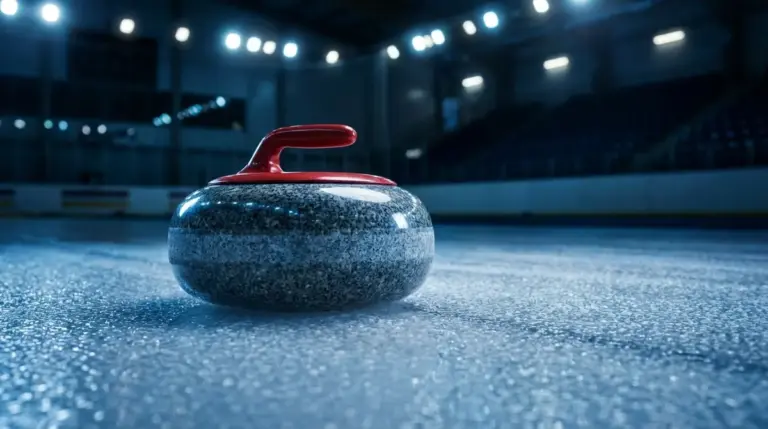 Close-up of a curling stone gliding on pebbled ice under arena lights.