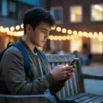 Student looking at smartphone on university campus at dusk