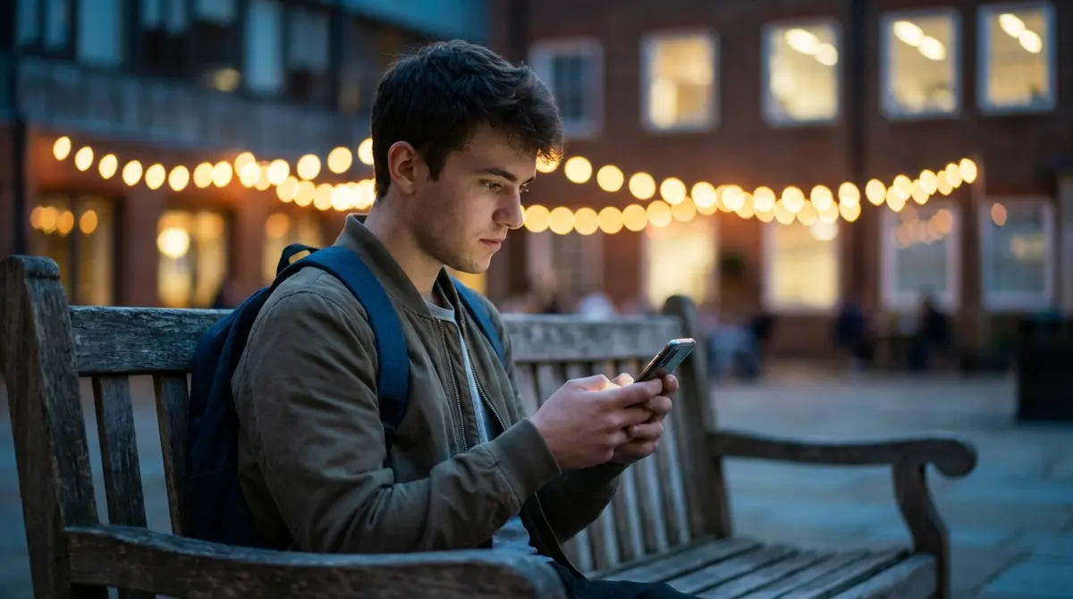 Student looking at smartphone on university campus at dusk