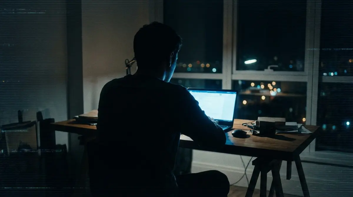 Silhouette of a person using a laptop in a low-light environment representing online anonymity.