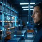 Warehouse manager viewing autonomous supply chain data on a futuristic interface.