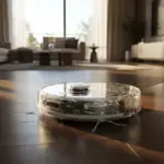 DJI Romo P robot vacuum with transparent casing on a wooden floor