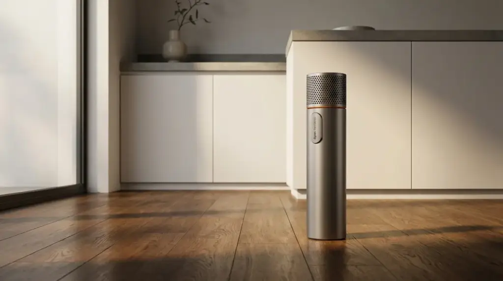 The Dyson PencilWash wet floor cleaner standing on a wooden floor.