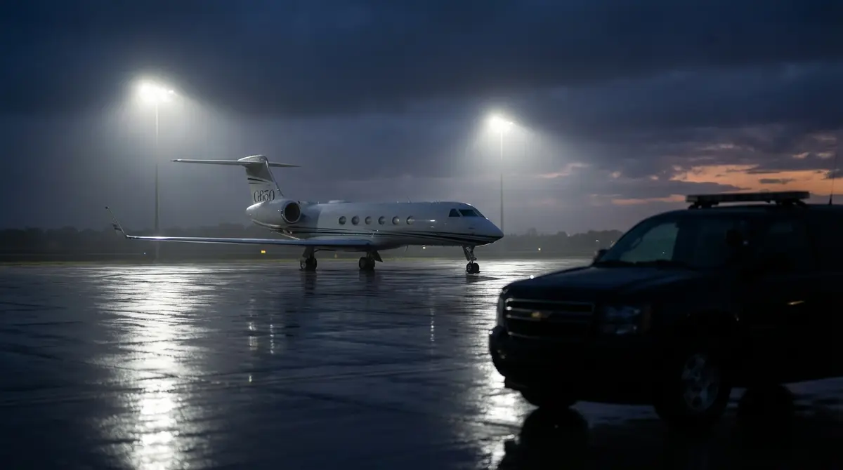 Private jet on tarmac representing Epstein's travel logistics