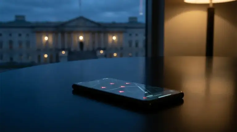Smartphone displaying a map interface representing ICE tracking apps in a moody setting.