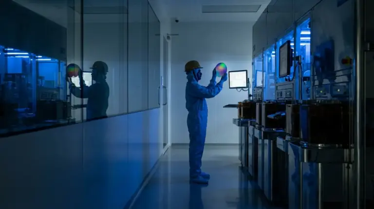 Engineer inspecting semiconductor wafer in a high-tech lab