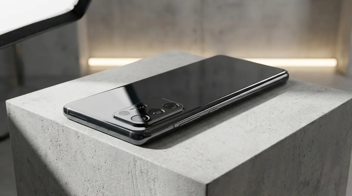 A close-up studio shot of a modern smartphone with dramatic lighting.