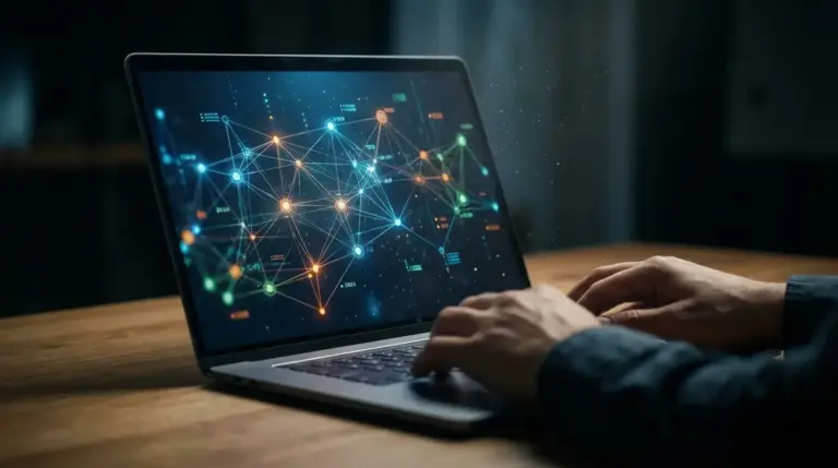 Laptop screen displaying a digital network graph of data connections.