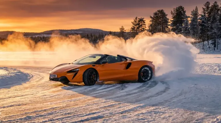 McLaren Artura Spider drifting sideways on a frozen lake in Ivalo Finland