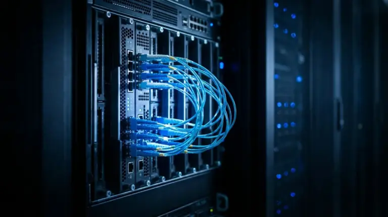 Futuristic server rack with glowing optical fiber connections in a data center.