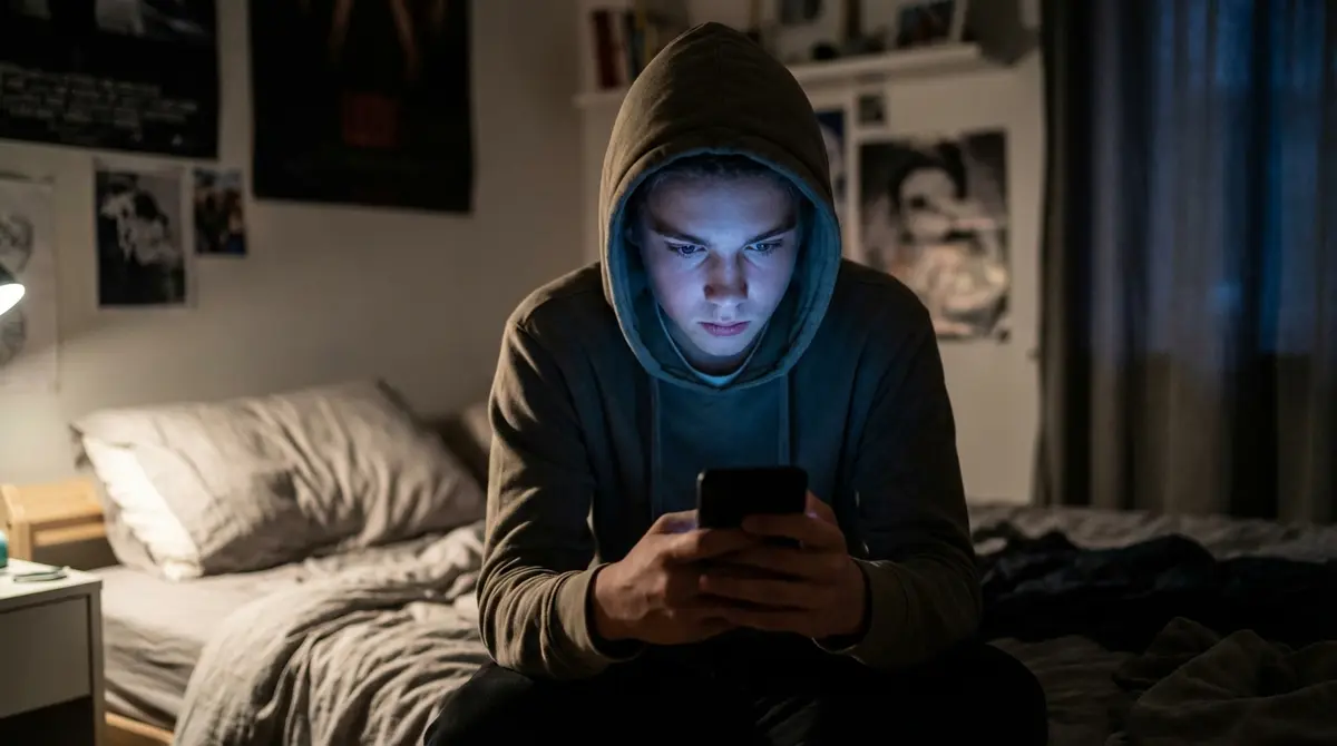 Teenager looking intently at a smartphone in a dark room representing compulsive usage.