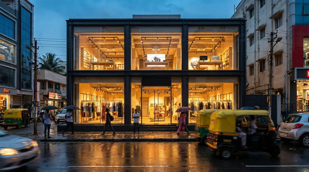 Exterior view of the new Nothing retail store in Indiranagar Bengaluru at night.