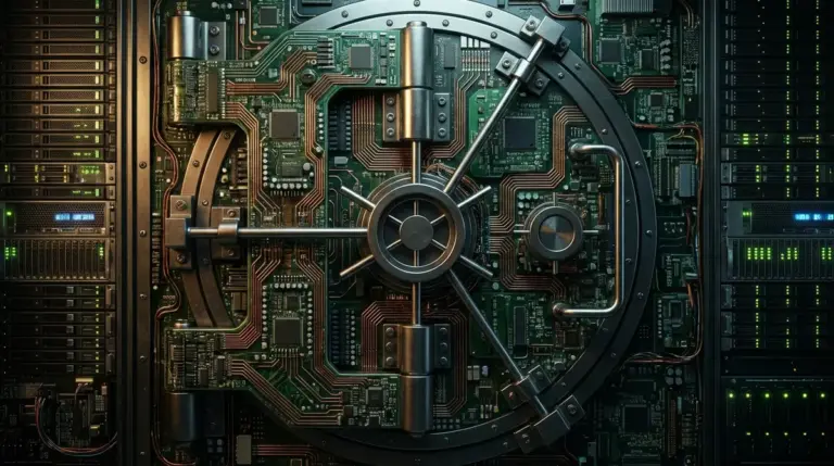 A secure vault door constructed from circuit boards representing the Open Source Endowment.