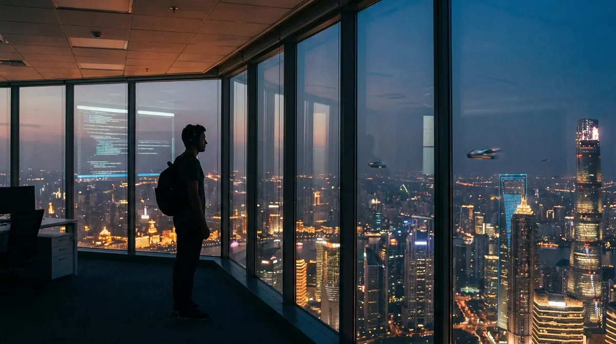 Silhouette of a tech professional overlooking a city skyline representing the future of AI agents.