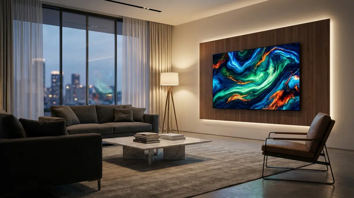 Modern living room with OLED TV and soundbar