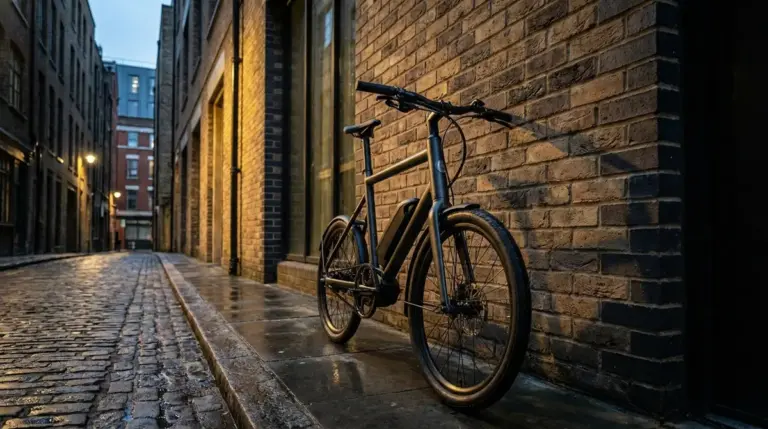 The Tenways CGO Compact e-bike leaning against an urban wall.