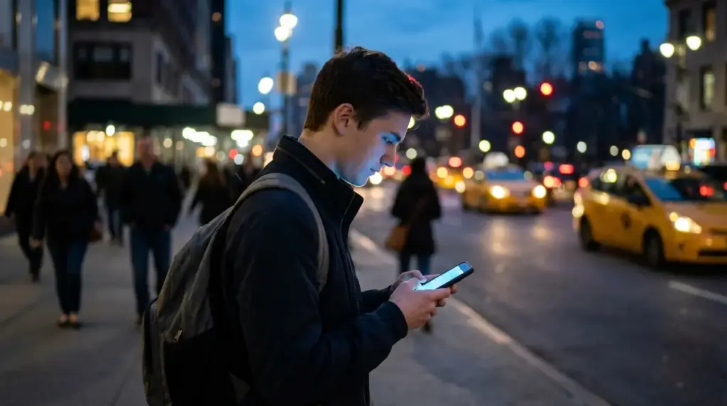 Person using smartphone on city street representing local discovery