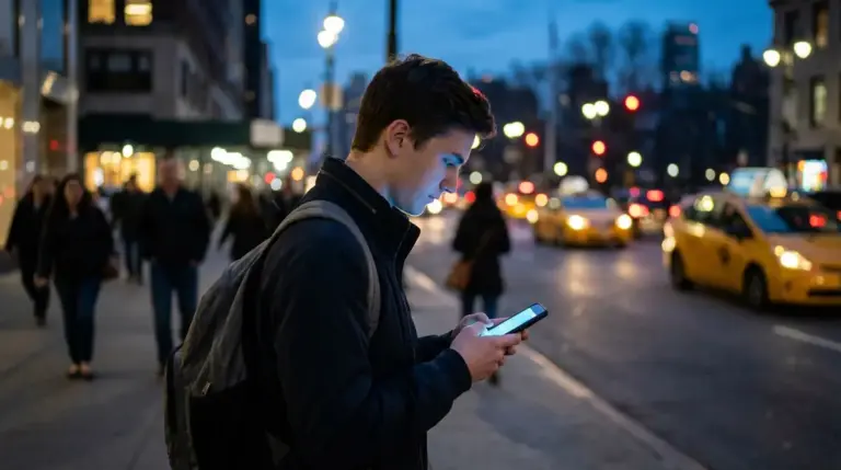 Person using smartphone on city street representing local discovery