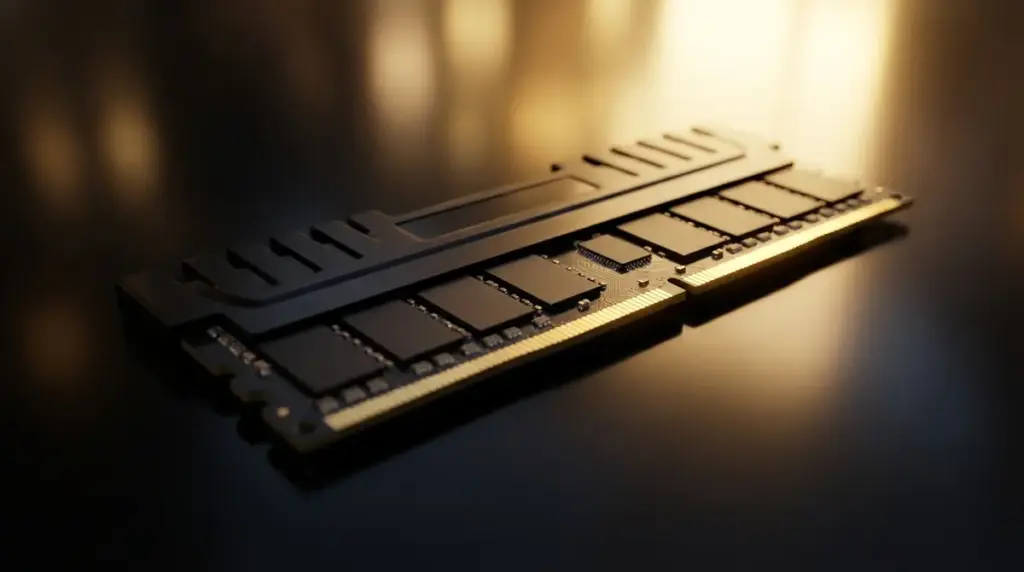 A stick of computer RAM illuminated with golden light symbolizing high value