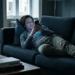 Frustrated user trying to access streaming content on a smartphone in a dark room.