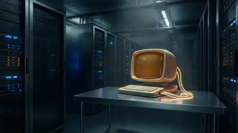 A glowing retro-futuristic computer terminal in a dark room