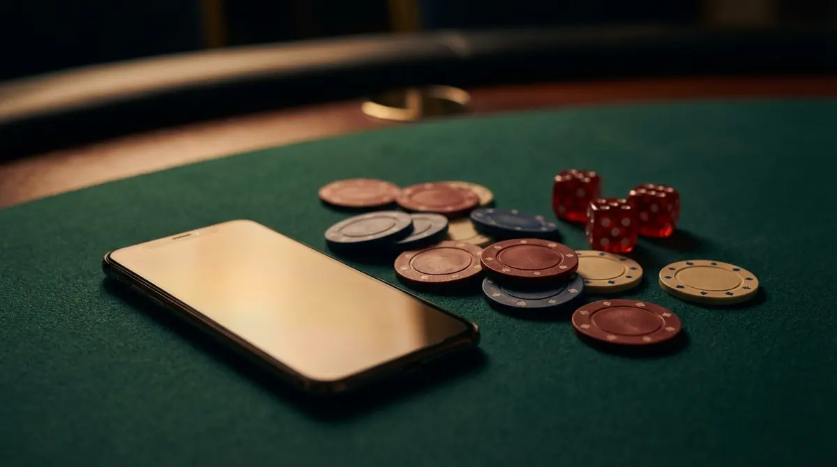 Smartphone lying on a casino table with chips