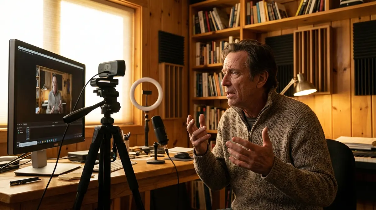 An actor performing emotional expressions in front of a webcam