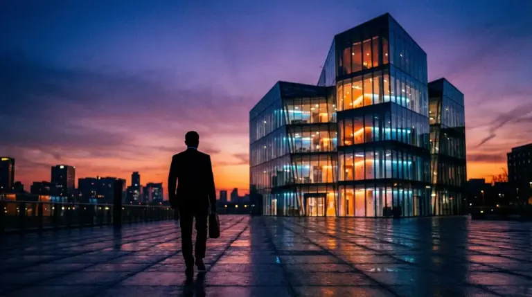 Silhouette of a person leaving a corporate building at dusk