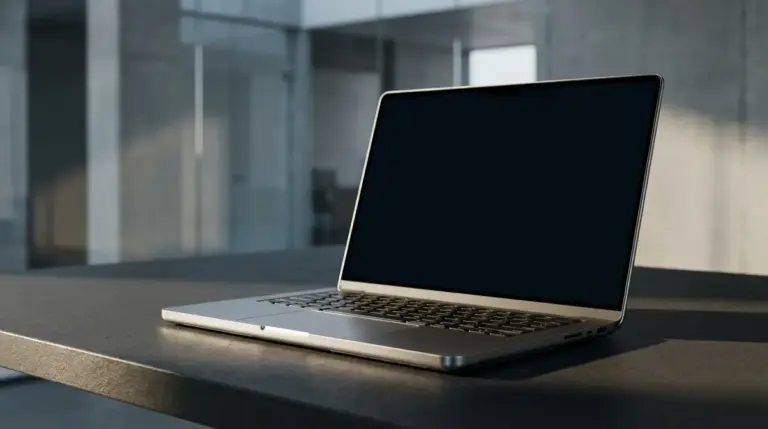 A high-performance laptop displayed in a professional studio setting.