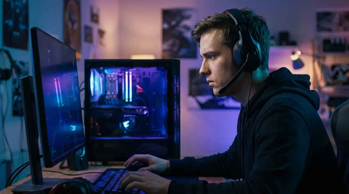 Gamer playing PC game in low light environment