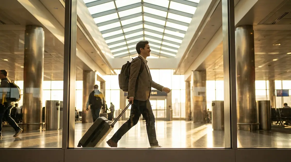 Professional walking through a modern airport terminal with luggage.