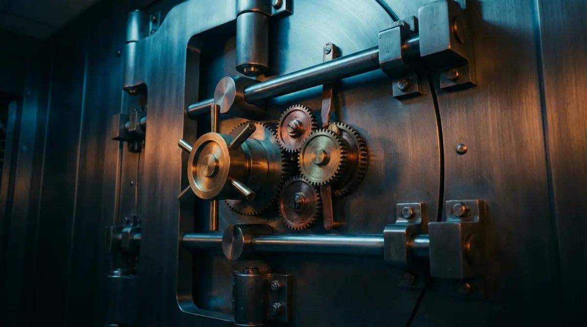 Close-up of a secure metallic vault lock mechanism with cinematic lighting.