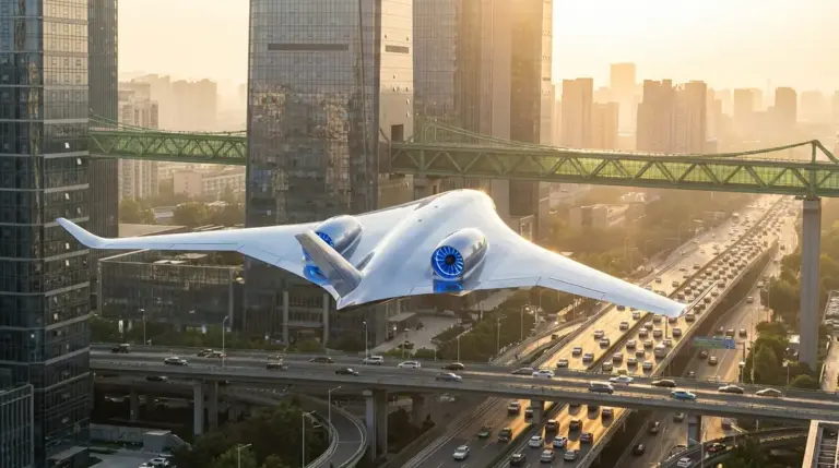 A futuristic electric air taxi flying over a modern city at sunset.