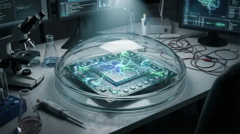 Close-up of a CL1 biological computer unit housing living neurons.