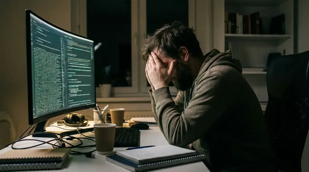 Frustrated developer looking at glowing computer screen in dark office