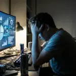 Frustrated gamer sitting in front of a glowing monitor in a dark room.