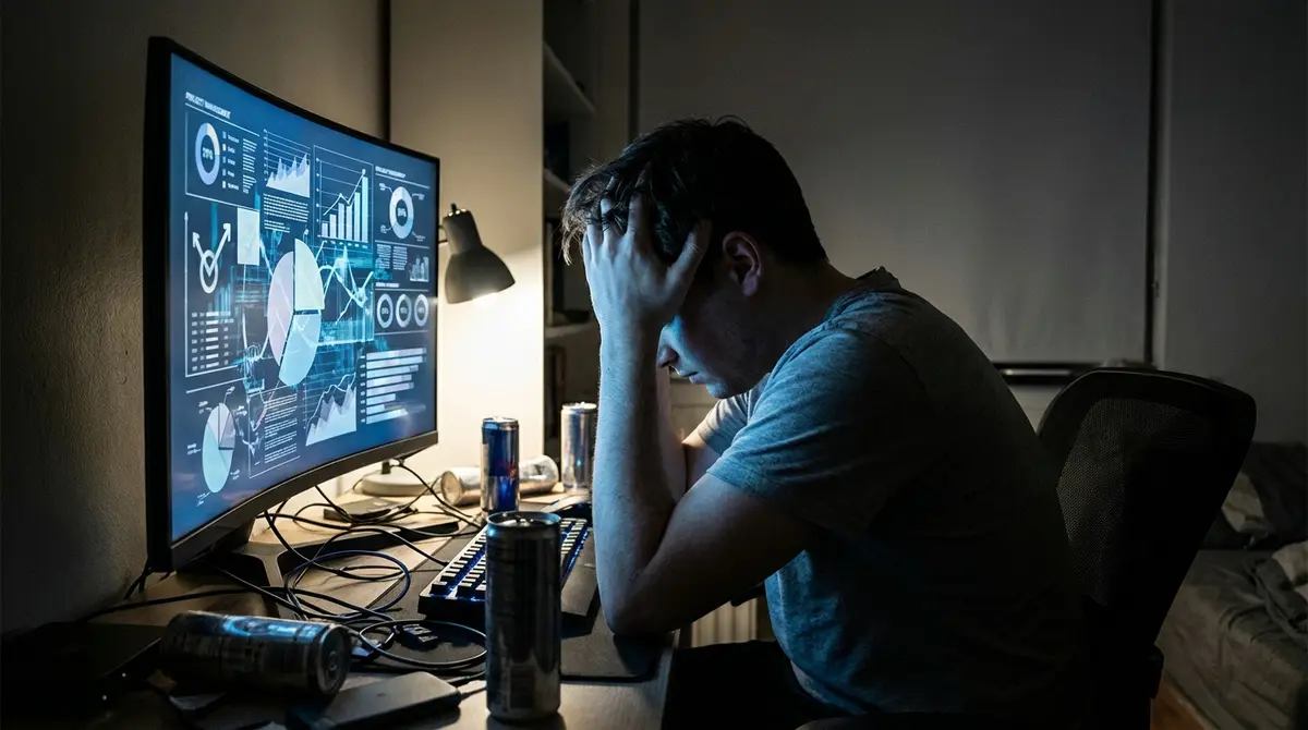 Frustrated gamer sitting in front of a glowing monitor in a dark room.