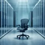 Empty office chair in a massive data center server room