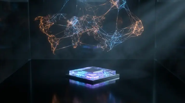 Futuristic microchip with glowing neural network pathways representing AI memory compression.